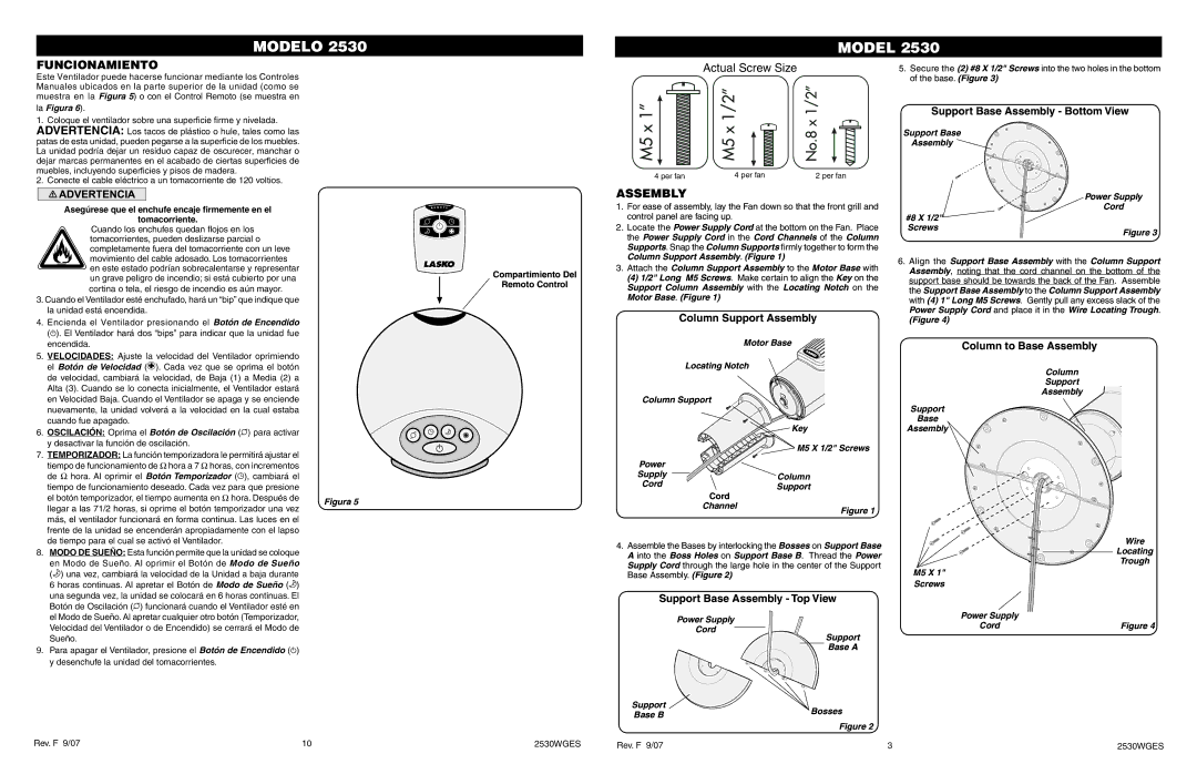 Lasko 2530 manual Funcionamiento, Assembly 