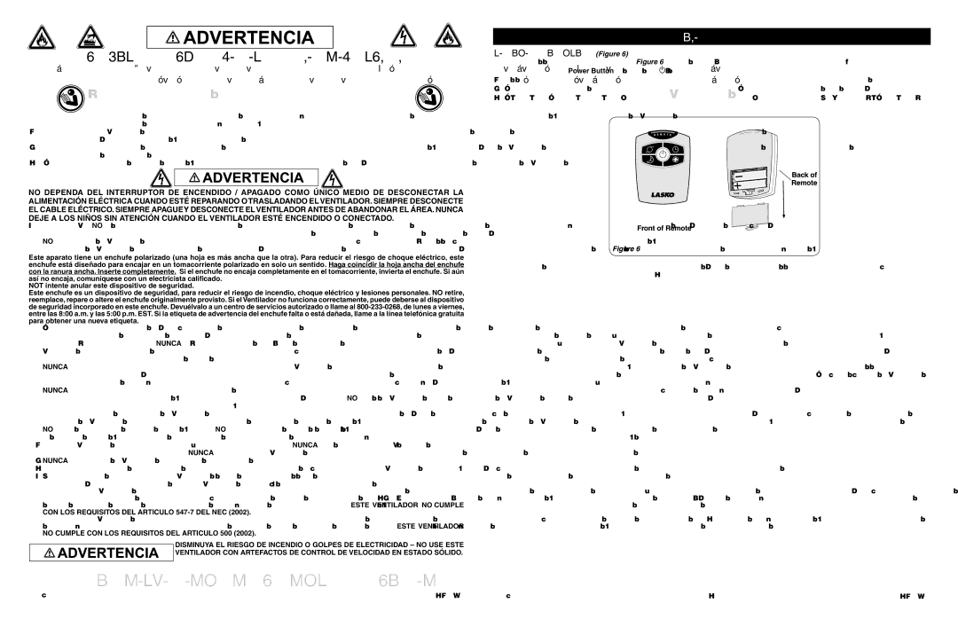 Lasko 2530 manual Conserve Estas Instrucciones, Información General DE Seguridad, Remote Control Figure 