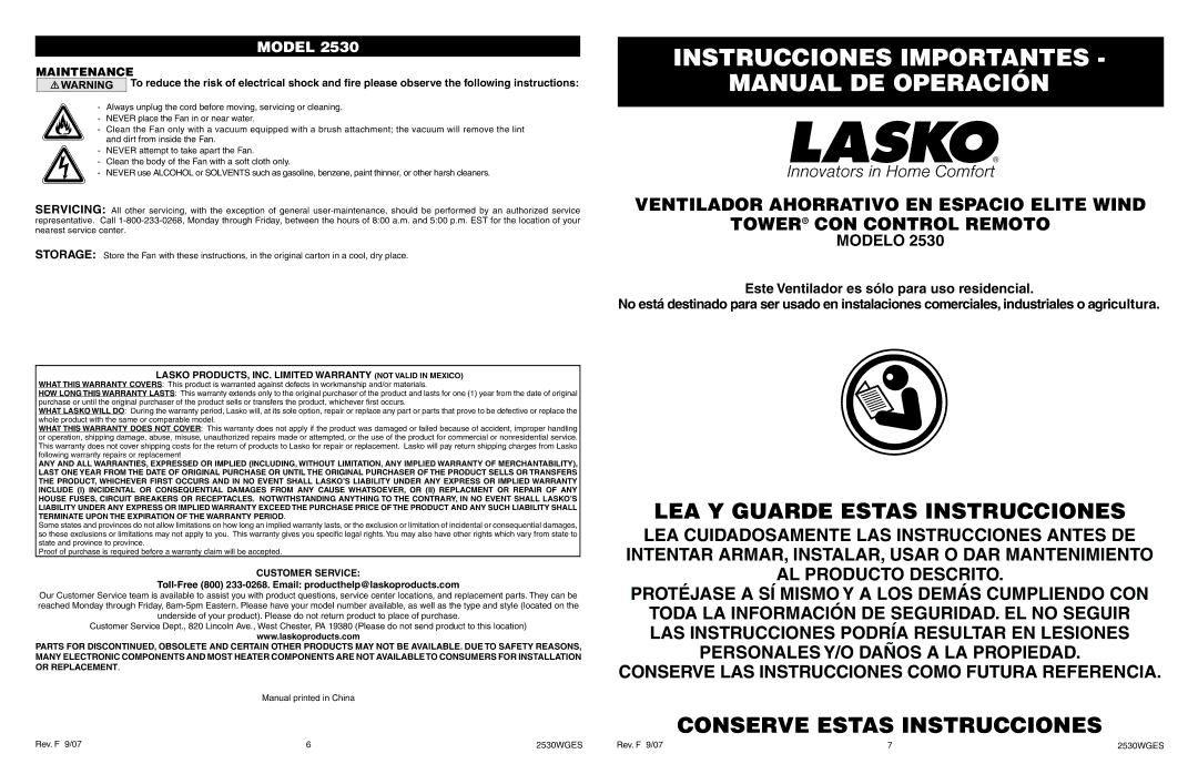 Lasko 2530 manual Instrucciones Importantes Manual DE Operación, LEA Y Guarde Estas Instrucciones, Maintenance 