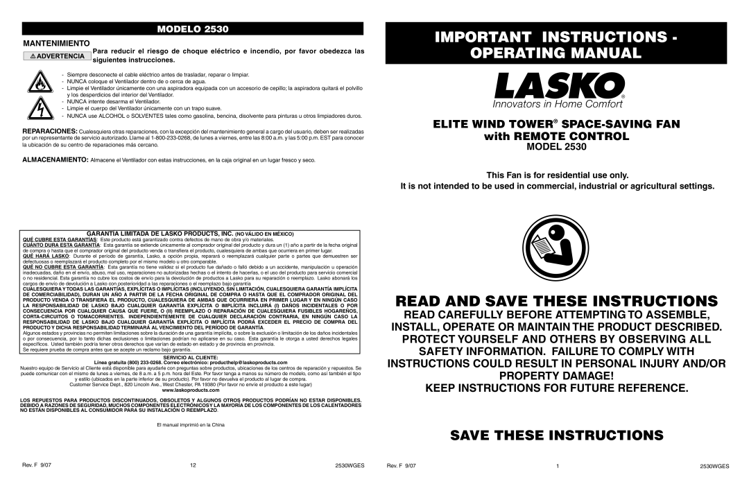 Lasko 2530 manual Important Instructions Operating Manual, Save These Instructions, Keep Instructions For Future Reference 