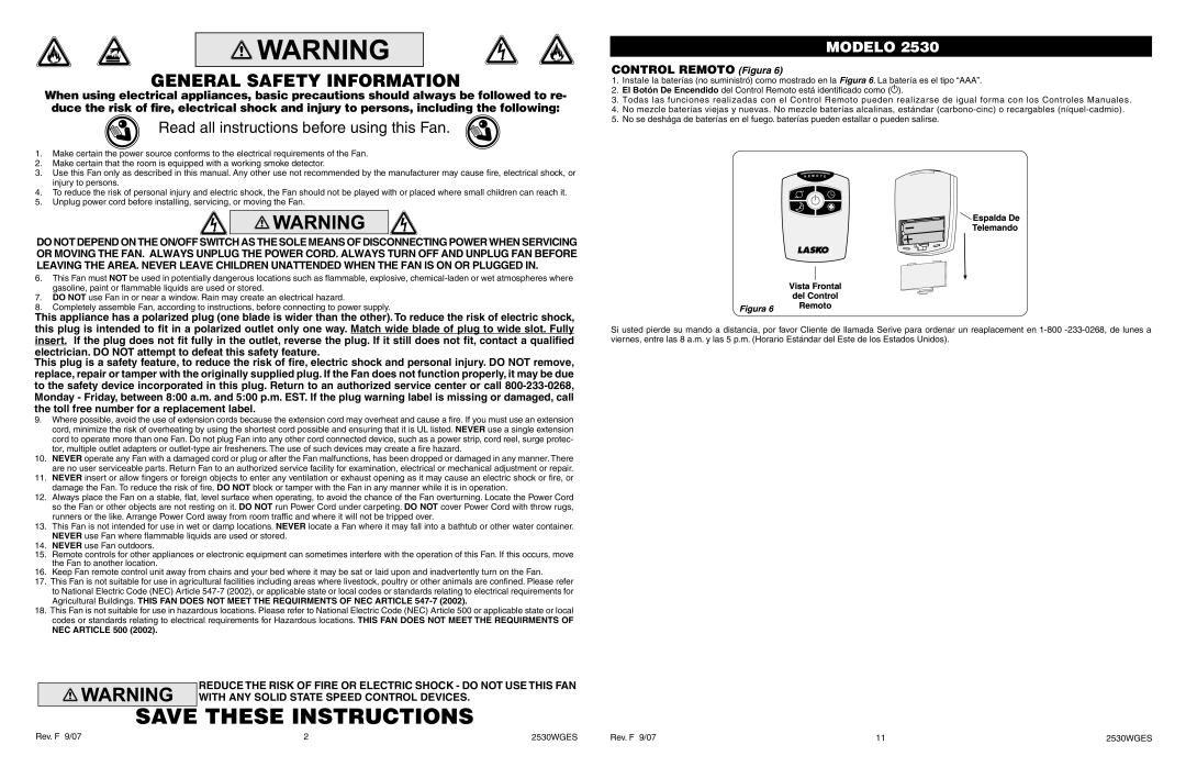 Lasko 2530 General Safety Information, Read all instructions before using this Fan, CONTROL REMOTO Figura, NEC ARTICLE 500 