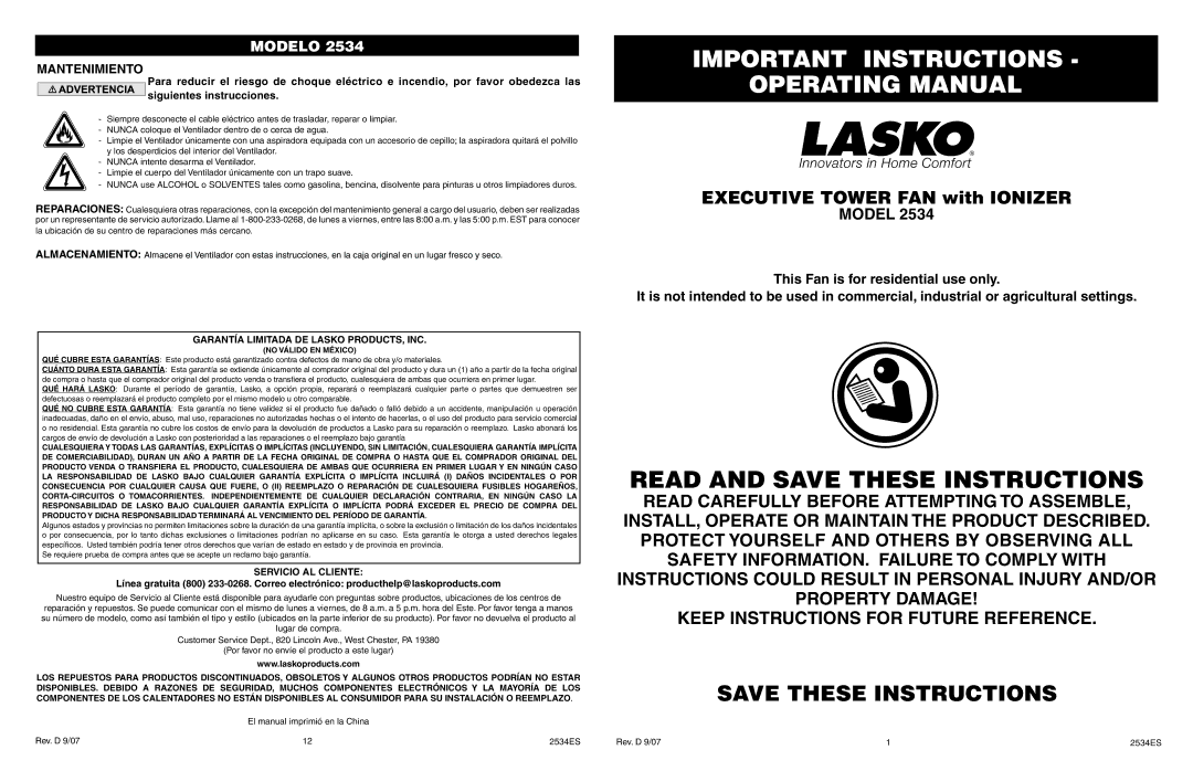 Lasko 2534 manual Important Instructions Operating Manual, Garantía Limitada DE Lasko PRODUCTS, INC, Servicio AL Cliente 