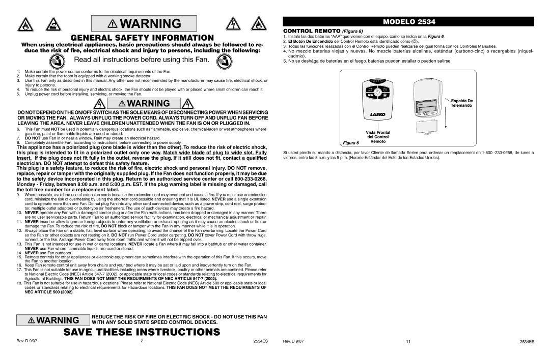 Lasko 2534 manual General Safety Information, Read all instructions before using this Fan, Control Remoto Figura 