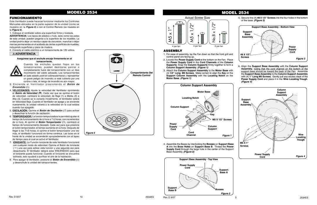 Lasko 2534 manual Funcionamiento, Assembly 