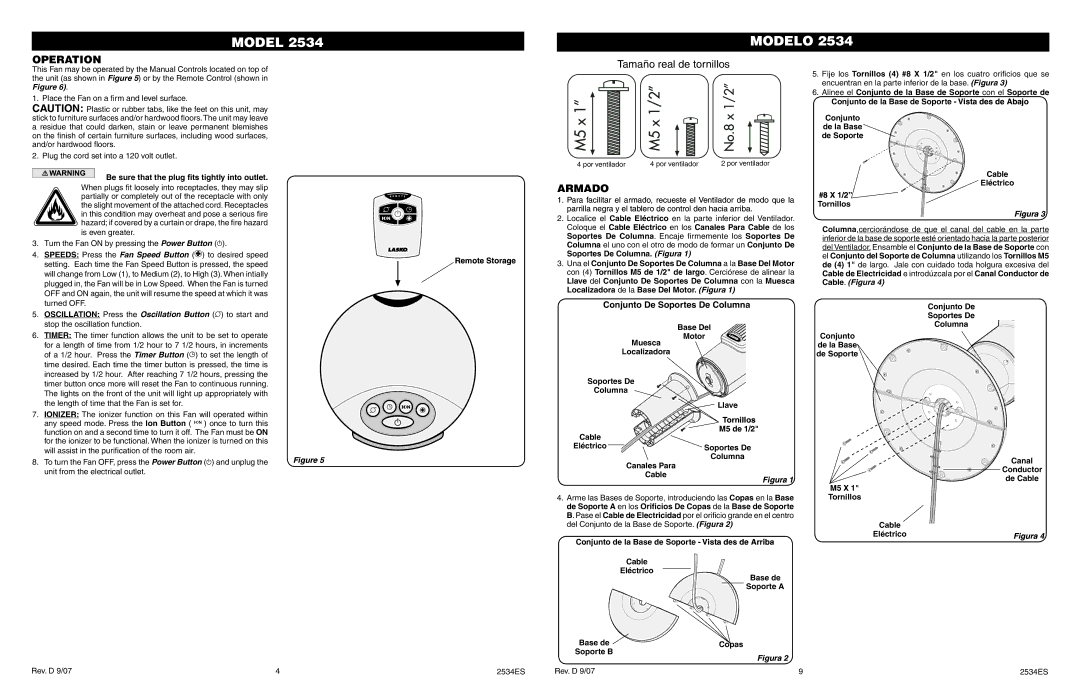 Lasko 2534 manual Operation, Armado, Conjunto De Soportes De Columna 