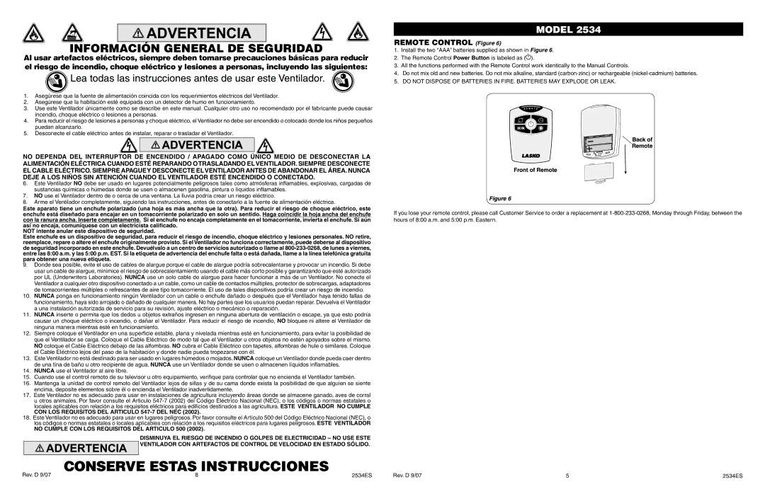 Lasko 2534 manual Conserve Estas Instrucciones, Información General DE Seguridad, Remote Control Figure 