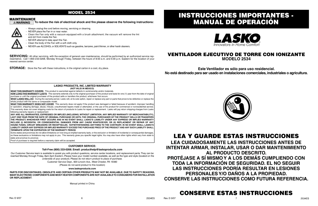 Lasko 2534 manual Instrucciones Importantes Manual DE Operación, LEA Y Guarde Estas Instrucciones, Maintenance 