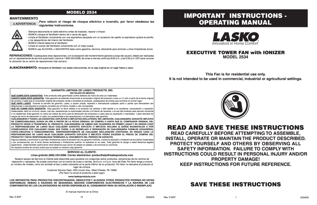 Lasko 2534 manual Important Instructions Operating Manual, Save These Instructions, EXECUTIVE TOWER FAN with IONIZER 