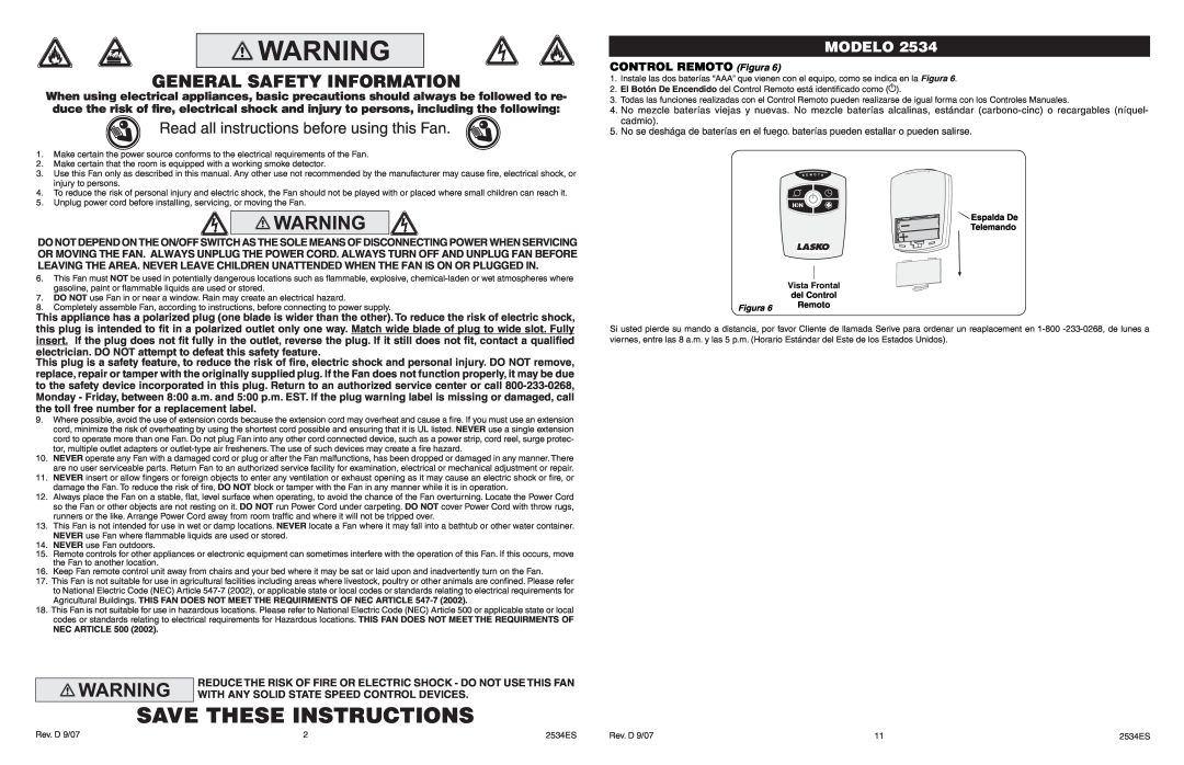 Lasko 2534 manual General Safety Information, Read all instructions before using this Fan, CONTROL REMOTO Figura, Modelo 