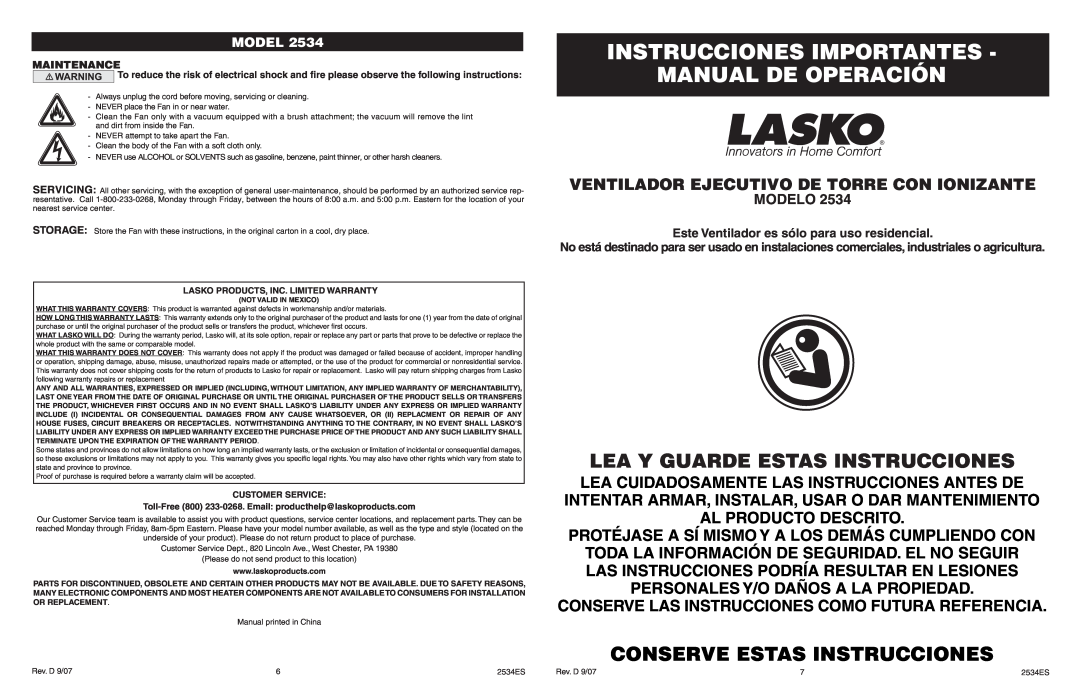 Lasko 2534 manual Instrucciones Importantes Manual De Operación, Lea Y Guarde Estas Instrucciones, Modelo, Maintenance 