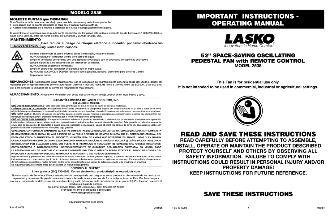 Lasko 2535 manual Important Instructions Operating Manual, Moleste Puntas que Disparan, Servicio AL Cliente 