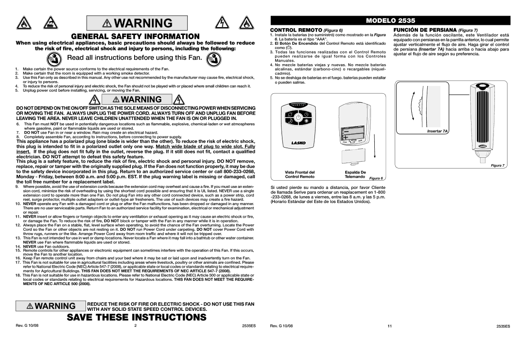 Lasko 2535 manual General Safety Information, Read all instructions before using this Fan, Control Remoto Figura 