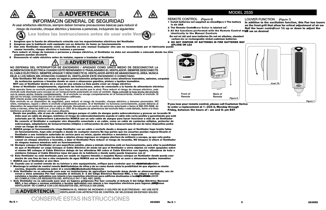 Lasko 2535 Conserve ESTAS8 Instrucciones, Información General DE Seguridad, Remote Control Figure, Louver Function Figure 