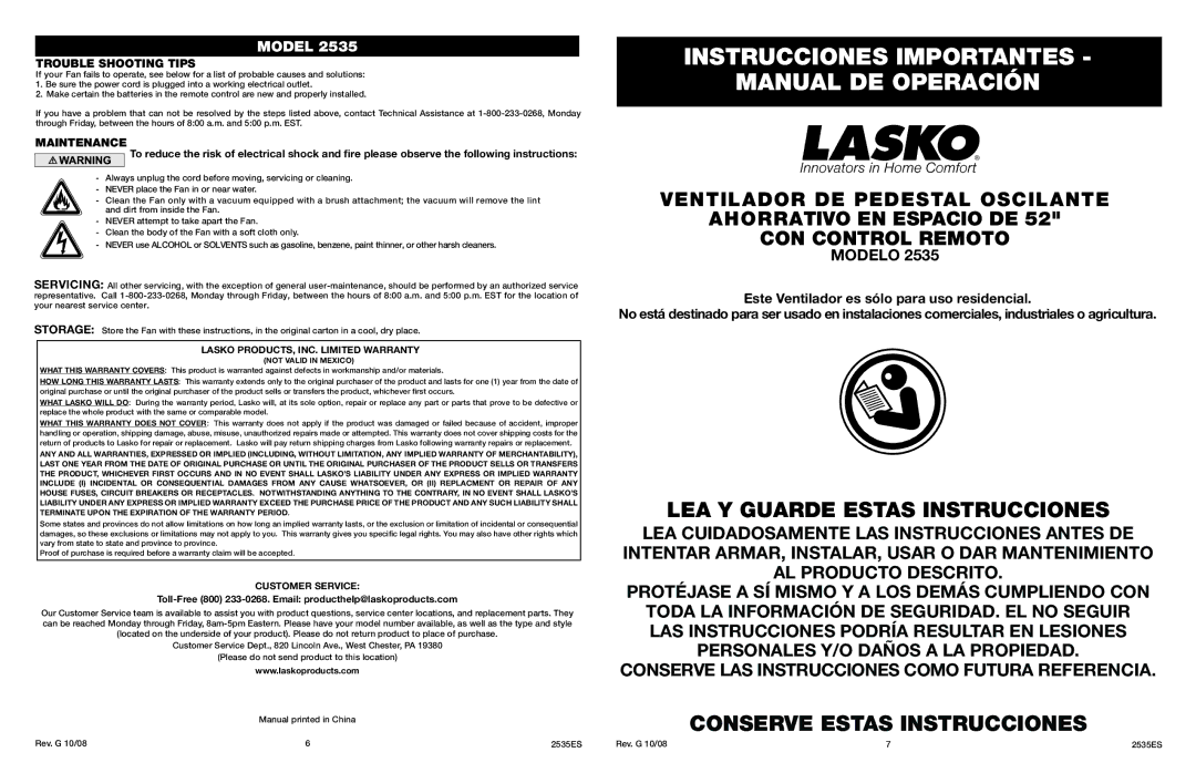 Lasko 2535 Instrucciones Importantes Manual DE Operación, LEA Y Guarde Estas Instrucciones, Conserve Estas Instrucciones 