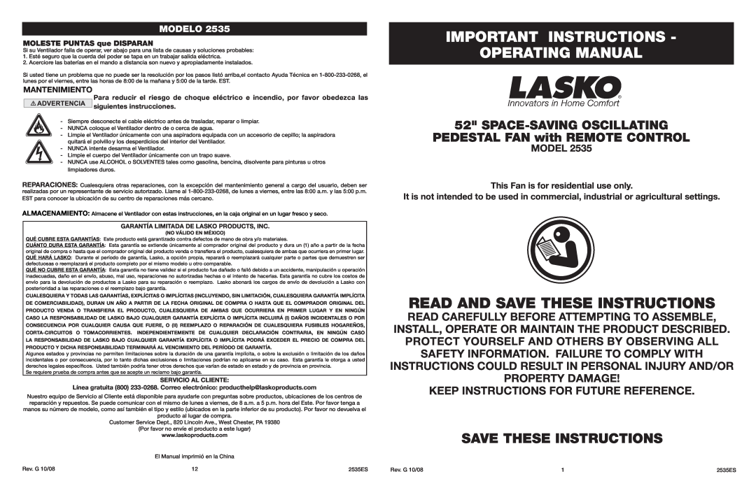 Lasko 2535 manual Important Instructions Operating Manual, Read And Save These Instructions, Modelo, Mantenimiento 