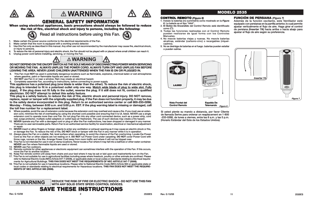 Lasko 2535 manual Save These Instructions, Read all instructions before using this Fan, Modelo, CONTROL REMOTO Figura 