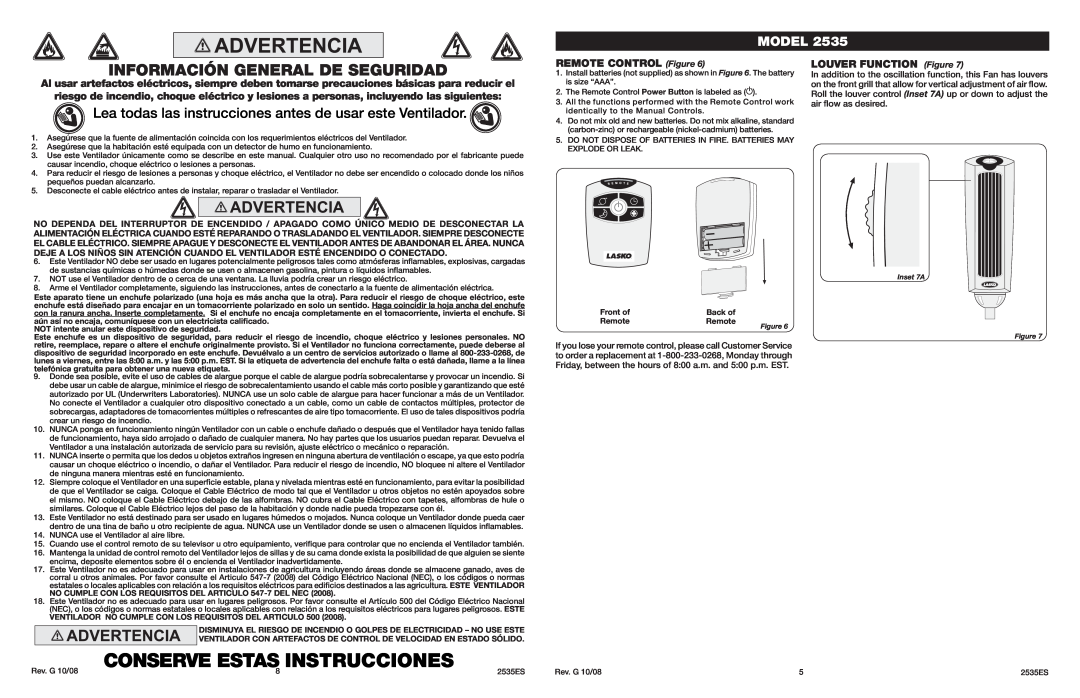 Lasko 2535 manual CONSERVE ESTAS8 INSTRUCCIONES, Lea todas las instrucciones antes de usar este Ventilador, Model 