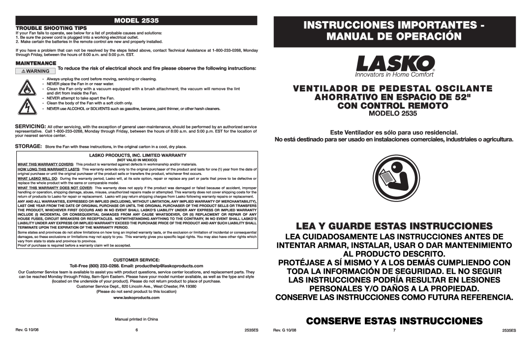Lasko 2535 Instrucciones Importantes Manual De Operación, Lea Y Guarde Estas Instrucciones, Conserve Estas Instrucciones 