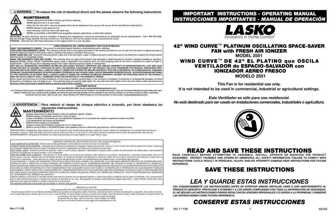 Lasko 2551 warranty Maintenance,  LASKO PRODUCTS, INC. Limited Warranty not Valid in Mexico 