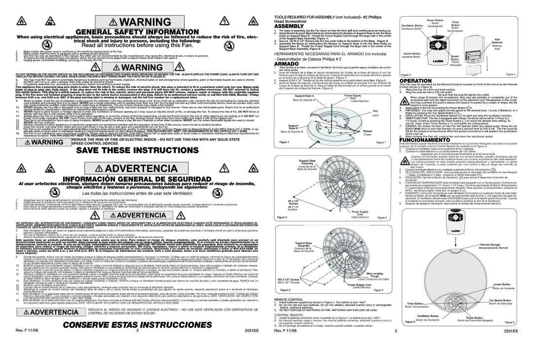 Lasko 2551 warranty Assembly, Armado, Operation, Funcionamiento 