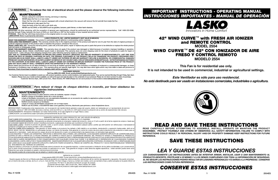 Lasko 2554 warranty Maintenance,  LASKO PRODUCTS, INC. Limited Warranty not Valid in Mexico 