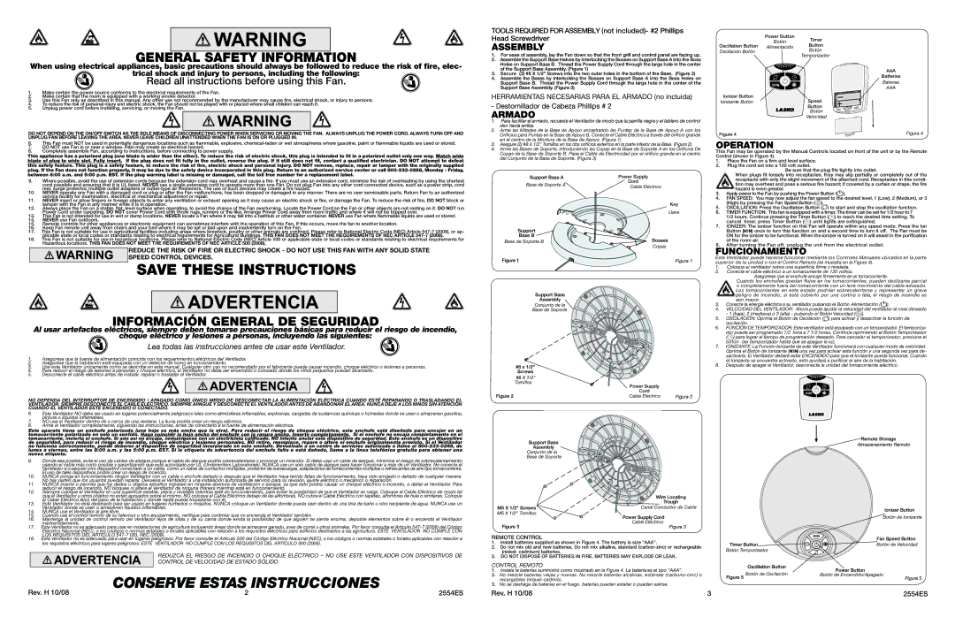 Lasko 2554 warranty Assembly, Armado, Operation, Funcionamiento 