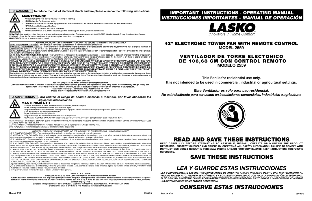 Lasko 2554 warranty Maintenance, Customer Service 