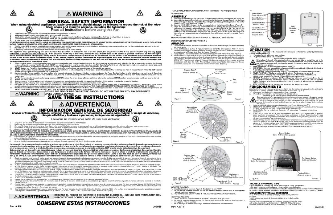 Lasko 2554 warranty Operation, Funcionamiento 