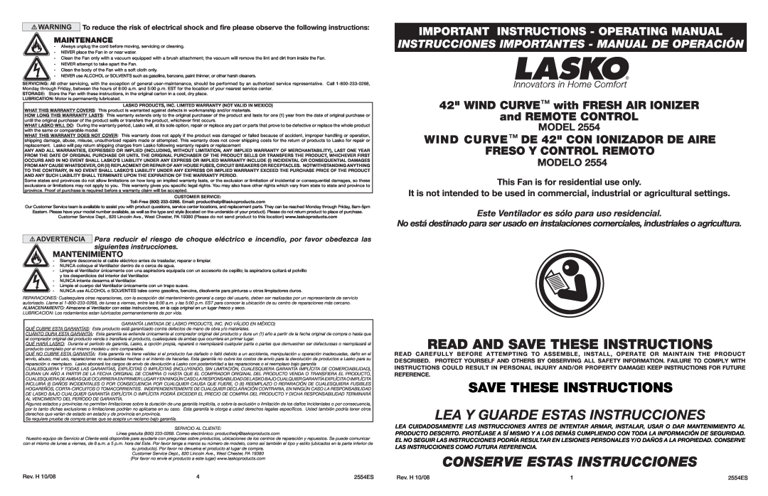 Lasko 2554 warranty Modelo, Maintenance, Rev. A 9/11, 2559ES, Read And Save These Instructions, Mantenimiento 