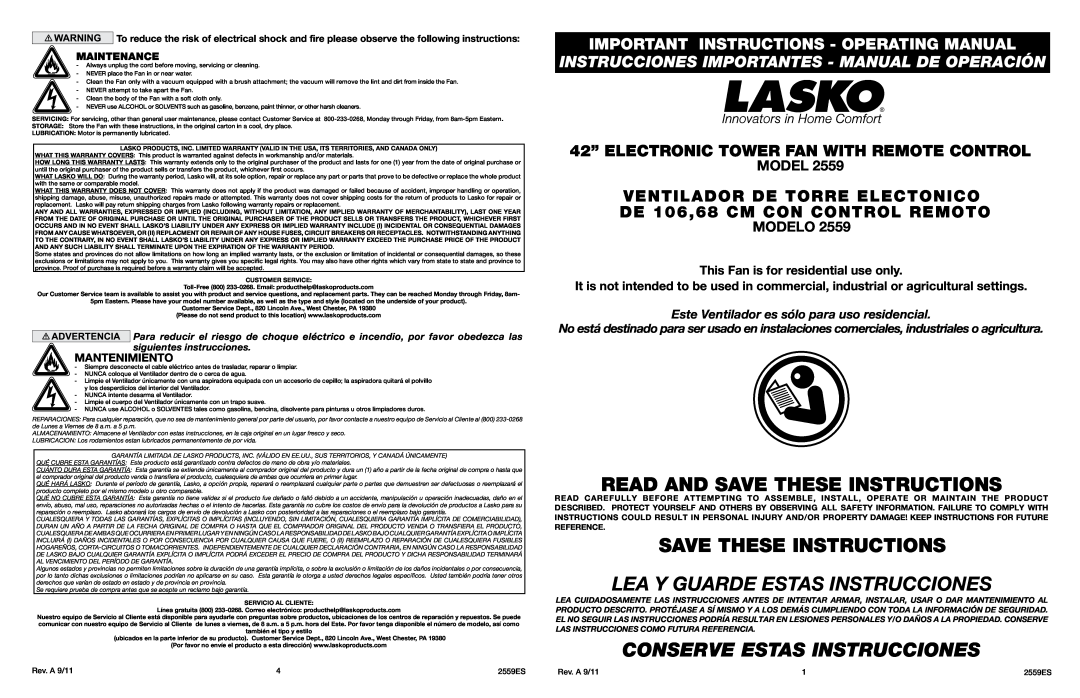 Lasko warranty Modelo, Maintenance, Rev. H 10/08, 2554ES, Read And Save These Instructions, Mantenimiento 
