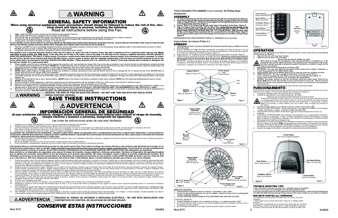 Lasko 2559 warranty Operation, Funcionamiento 