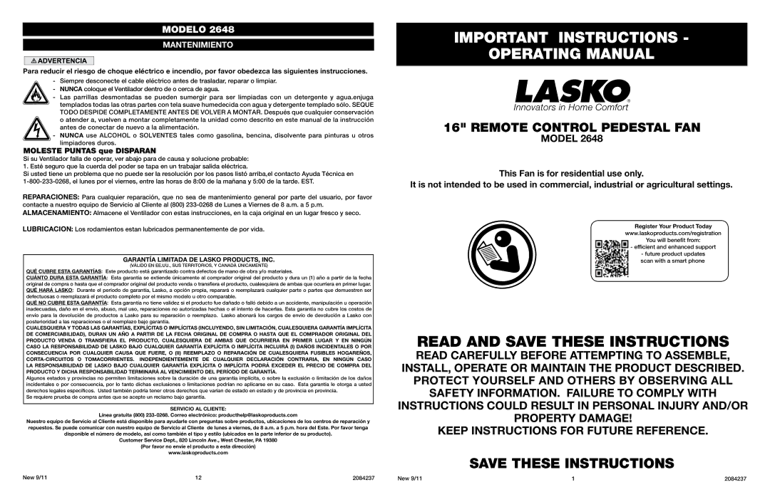 Lasko 2648 manual Important Instructions Operating Manual, Remote Control Pedestal FAN 