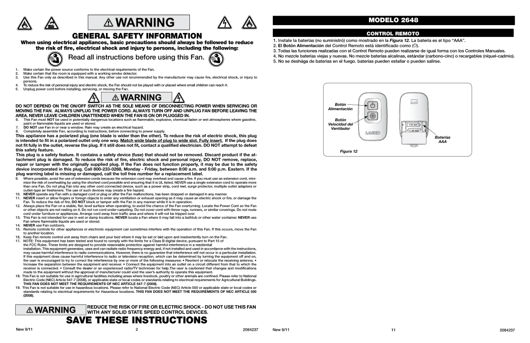 Lasko 2648 manual General Safety Information, Read all instructions before using this Fan, Control Remoto 