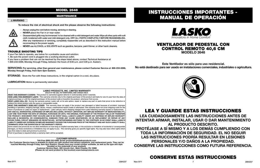 Lasko 2648 manual Instrucciones Importantes Manual DE Operación, LEA Y Guarde Estas Instrucciones, Maintenance 