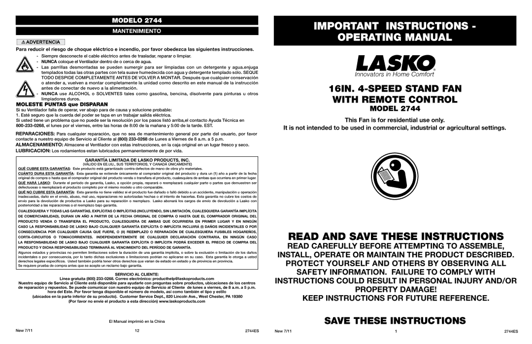 Lasko 2744 manual Important Instructions Operating Manual, Garantía Limitada DE Lasko PRODUCTS, INC 