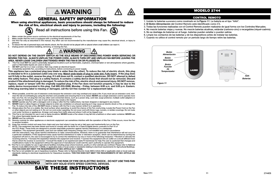 Lasko 2744 manual General Safety Information, Read all instructions before using this Fan, Control Remoto 