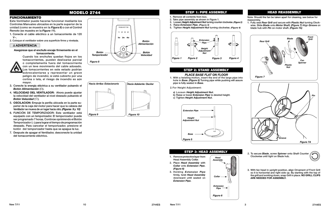 Lasko 2744 manual Pipe Assembly Head Reassembly, Funcionamiento, Stand Assembly, Head Assembly 