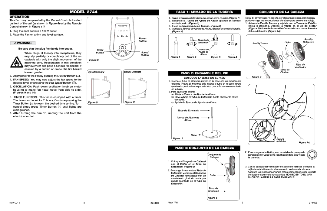 Lasko 2744 manual Paso 1 Armado DE LA Tubería Conjunto DE LA Cabeza, Operation, Paso 2 Ensamble DEL PIE 