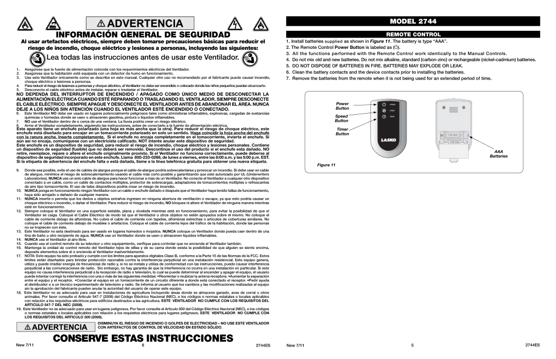 Lasko 2744 manual Conserve Estas Instrucciones, Información General DE Seguridad, Remote Control 