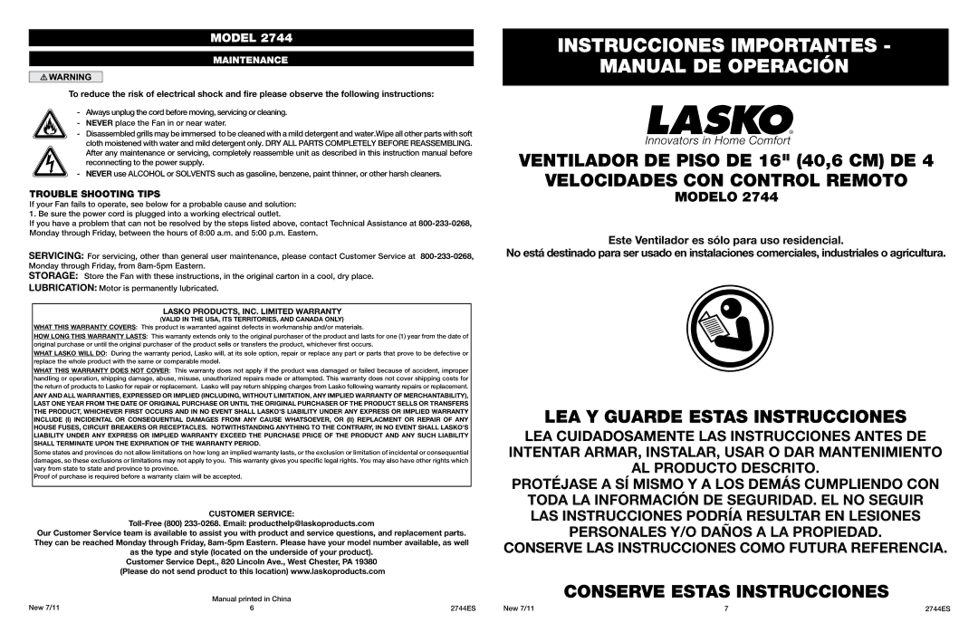 Lasko 2744 manual Instrucciones Importantes Manual DE Operación, LEA Y Guarde Estas Instrucciones, Maintenance, Storage 