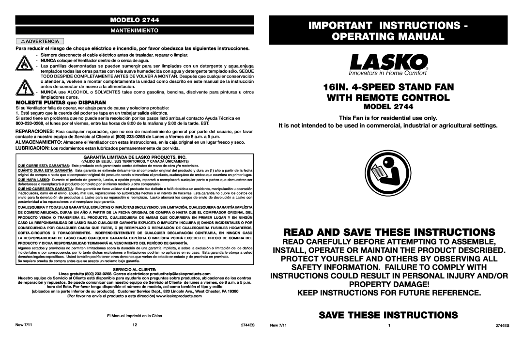 Lasko 2744 manual Important Instructions Operating Manual, 16in. 4-Speed Stand Fan with Remote Control, Modelo 