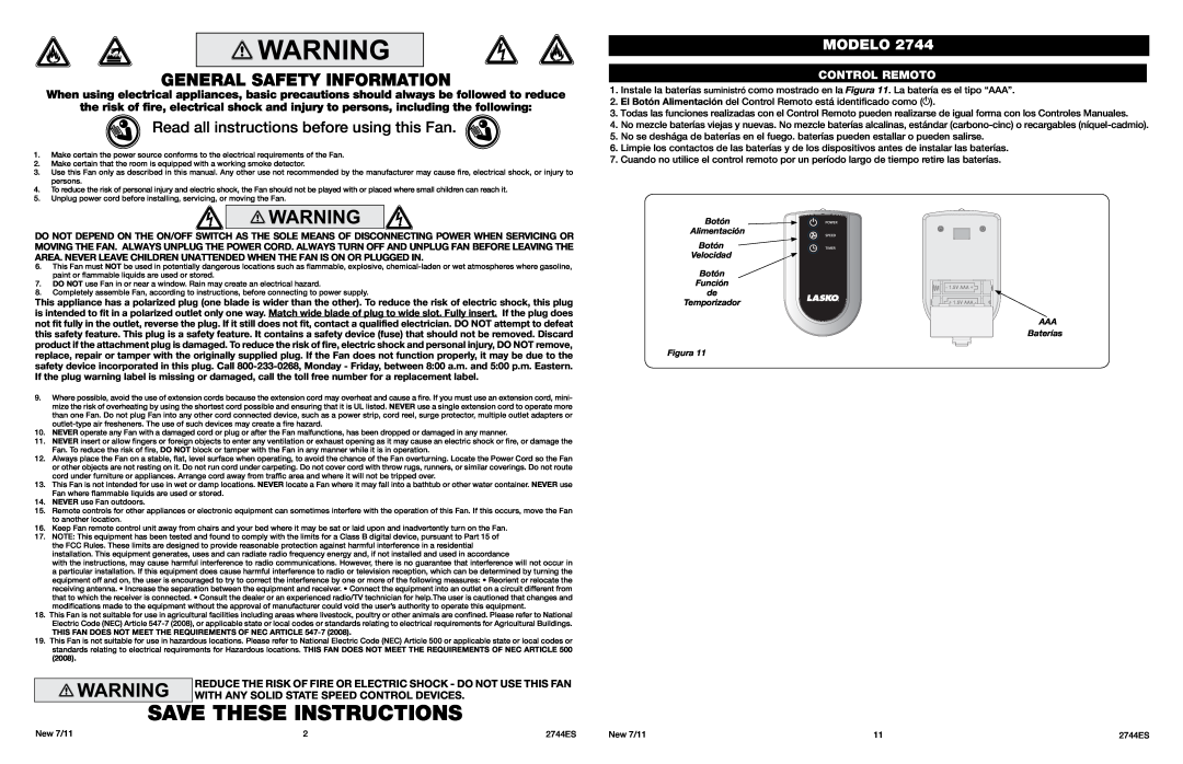 Lasko 2744 manual Save These Instructions, General Safety Information, Read all instructions before using this Fan, Modelo 