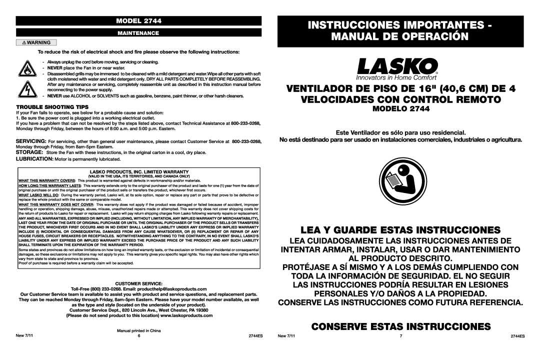 Lasko 2744 Instrucciones Importantes Manual De Operación, Lea Y Guarde Estas Instrucciones, Conserve Estas Instrucciones 