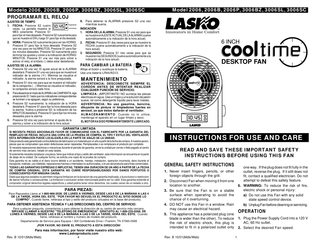 Lasko 3006SC, 3006SL important safety instructions Programar EL Reloj, Mantenimiento, Operation, Para Cambiar LA Batería 