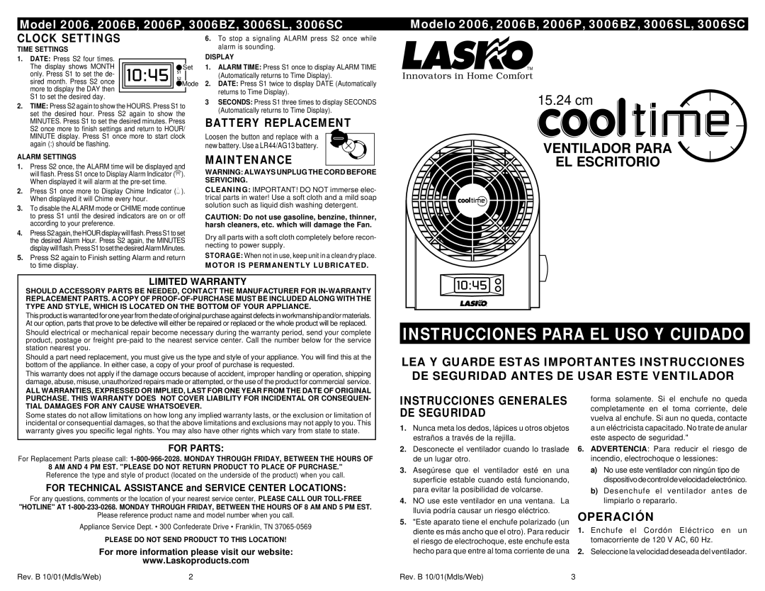 Lasko 3006BZ, 3006SL Clock Settings, Battery Replacement, Maintenance, Instrucciones Generales DE Seguridad, Operación 