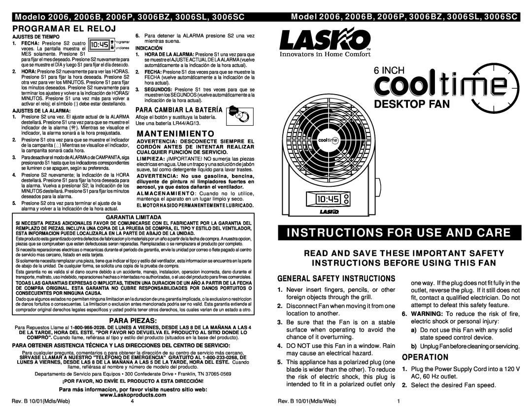 Lasko 3006SC, 3006SL important safety instructions Instructions For Use And Care, Inch, Programar El Reloj, Mantenimiento 