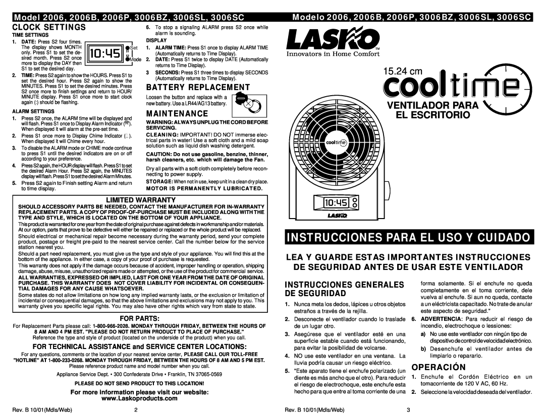 Lasko 3006BZ Instrucciones Para El Uso Y Cuidado, 15.24 cm, Clock Settings, Battery Replacement, Maintenance, Operación 
