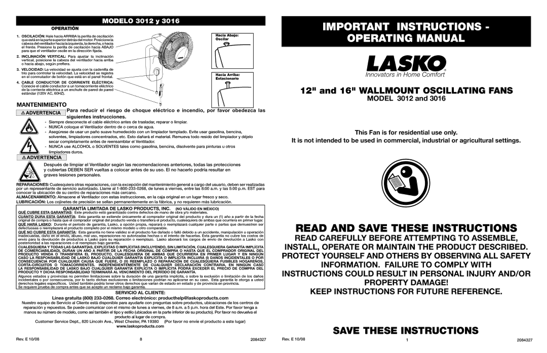 Lasko 3016, 3012 manual Important Instructions Operating Manual, Operatión, Servicio AL Cliente 