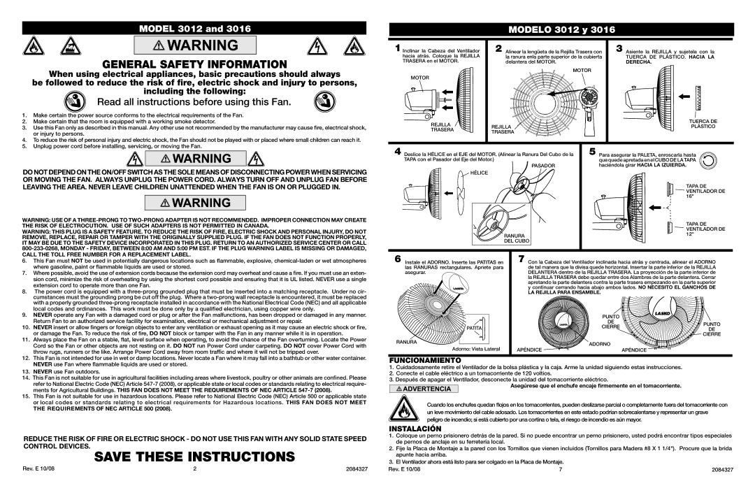 Lasko 3012, 3016 manual Funcionamiento, Instalación 