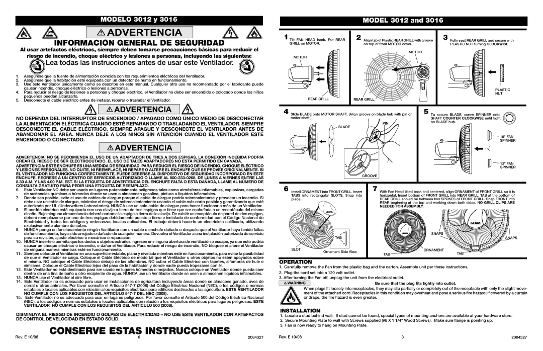 Lasko 3016, 3012 manual Operation, Installation 